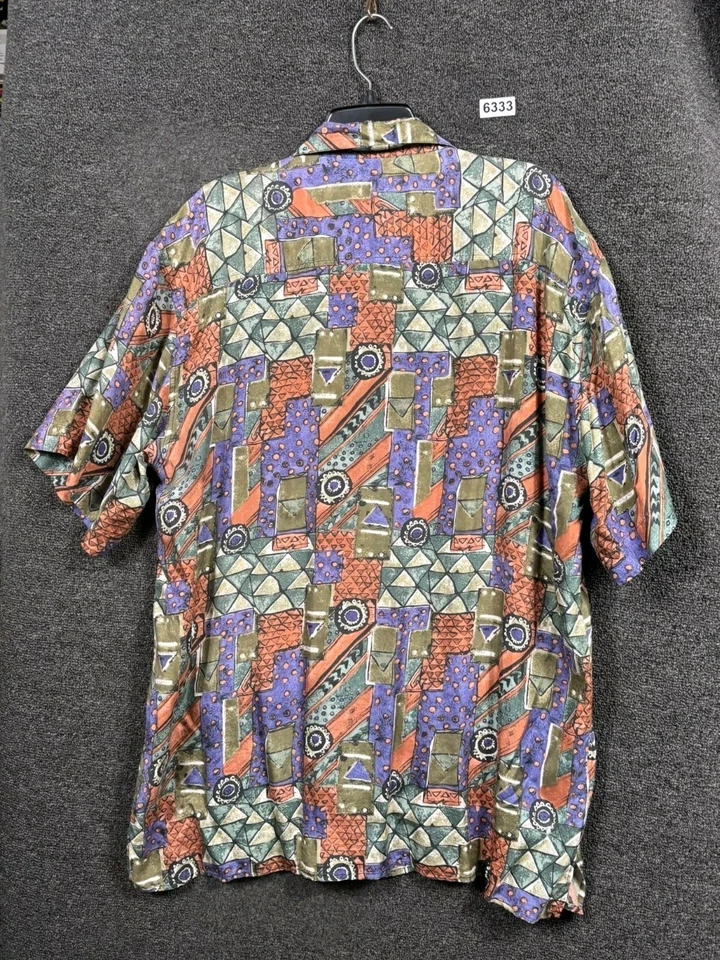Camisa masculina vintage Robert Stock 100% seda com botões tamanho XL abstrata multicolorida - Imagem 2 de 4