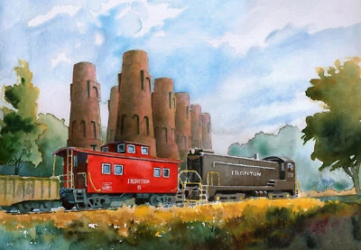 BELLA TERRA Ironton RR red caboose & Baldwin engine Coplay Penna. James Mann Train Notecards