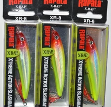 3 lures rapala x-rap xrap xr-8 xr08 cln 3 1/8" 1/4oz suspending jerkbait clown