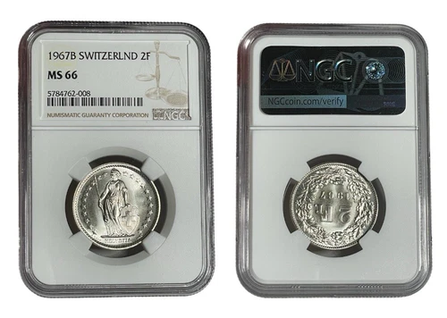 Switzerland, 2 Franc 1967B NGC MS66 Silver