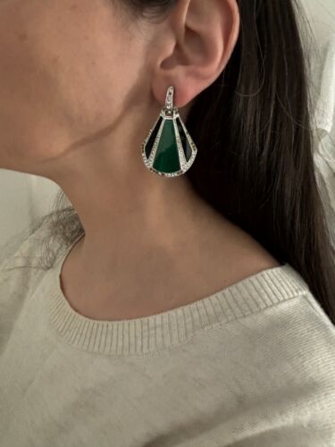 Vtg. Signed YAMADA Tokyo Art Deco Revival Rhinestone Malachite earrings - Picture 2 of 9