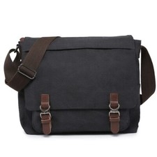 Large Vintage Canvas Messenger Shoulder Bag Black 15in Laptop