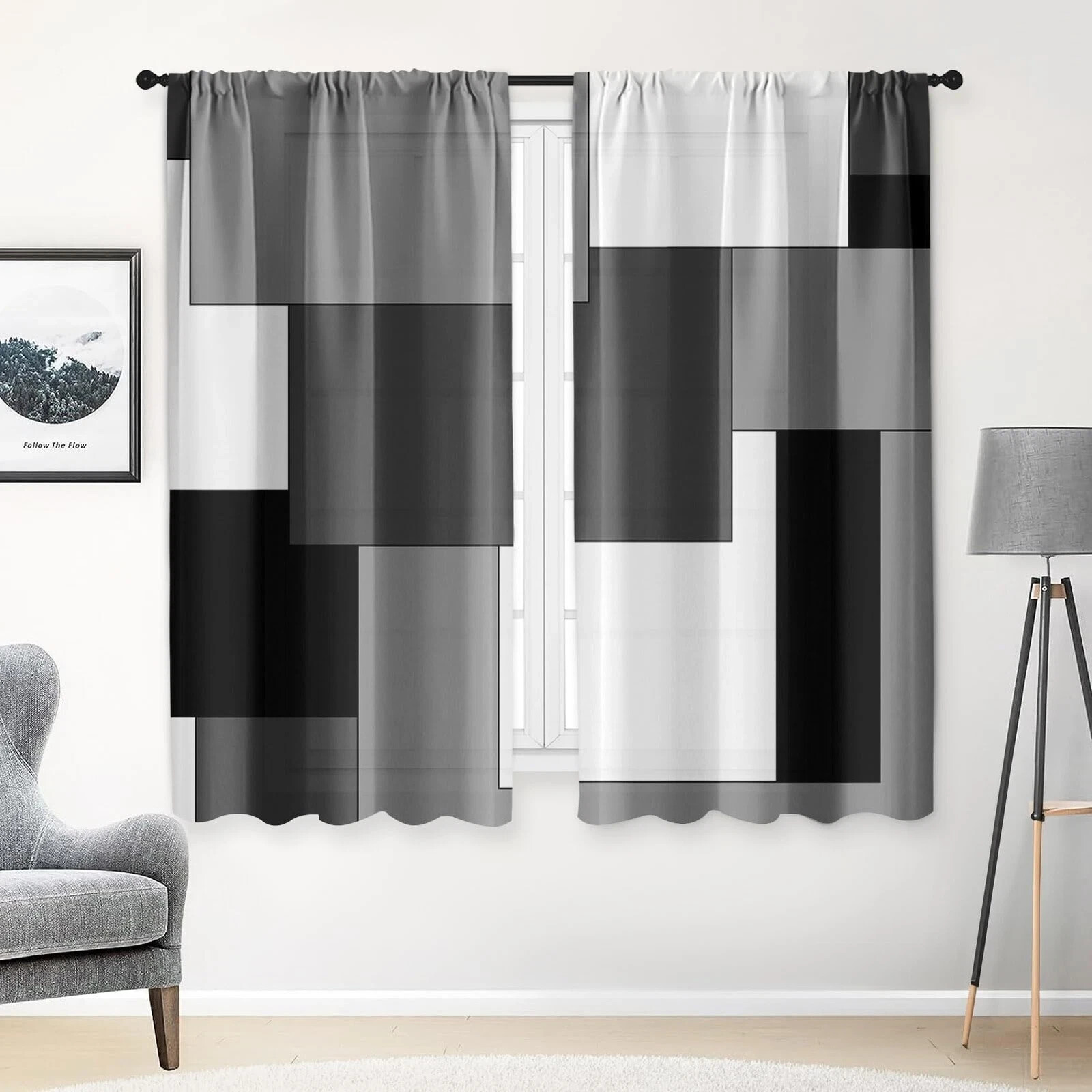 Black Grey Geometric Window Curtains 63 Inch for Kitchen Sink