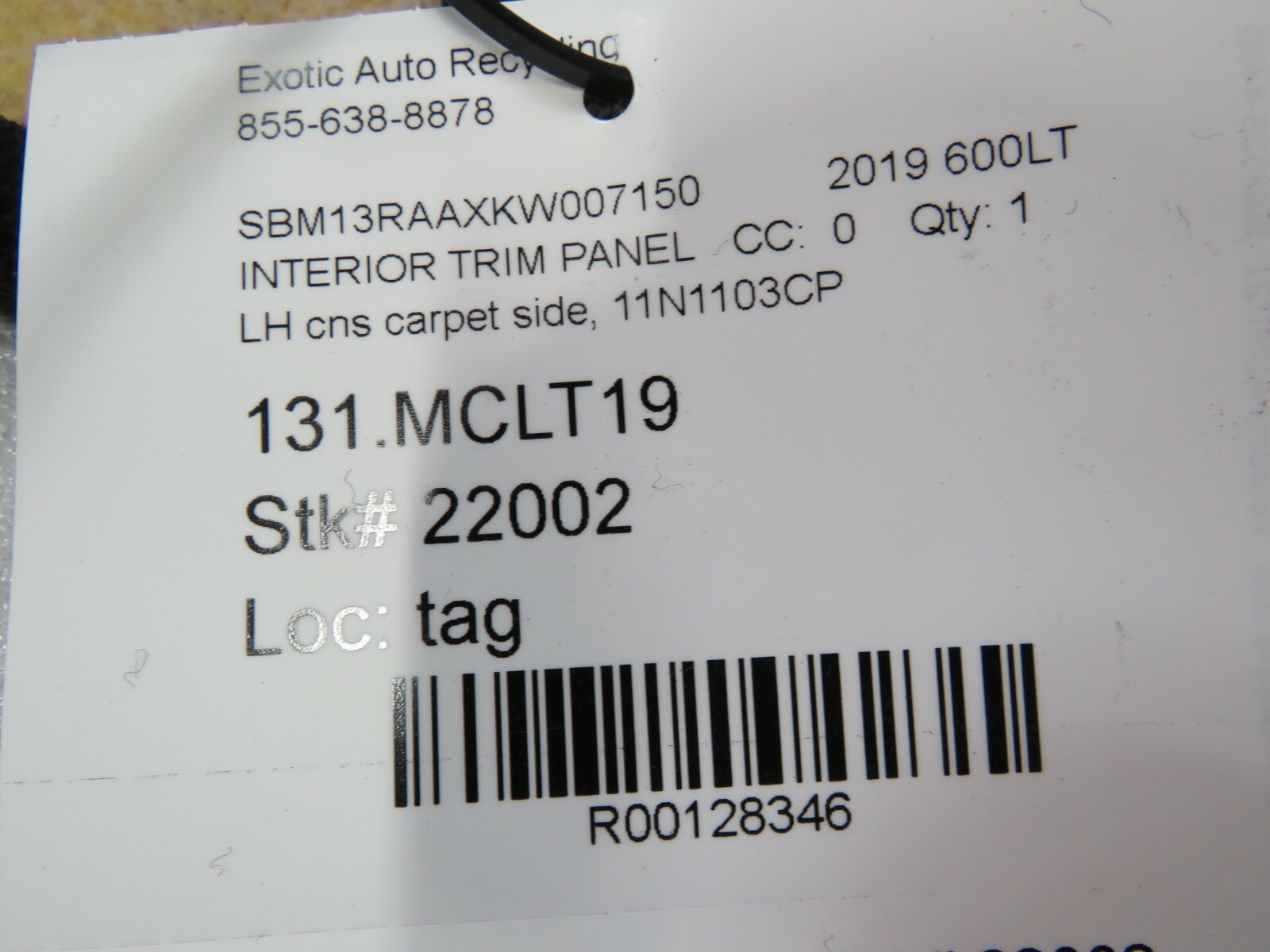 Mclaren 600LT, LH, Left, Console Side Carpet, Used, P/N 11N1103CP