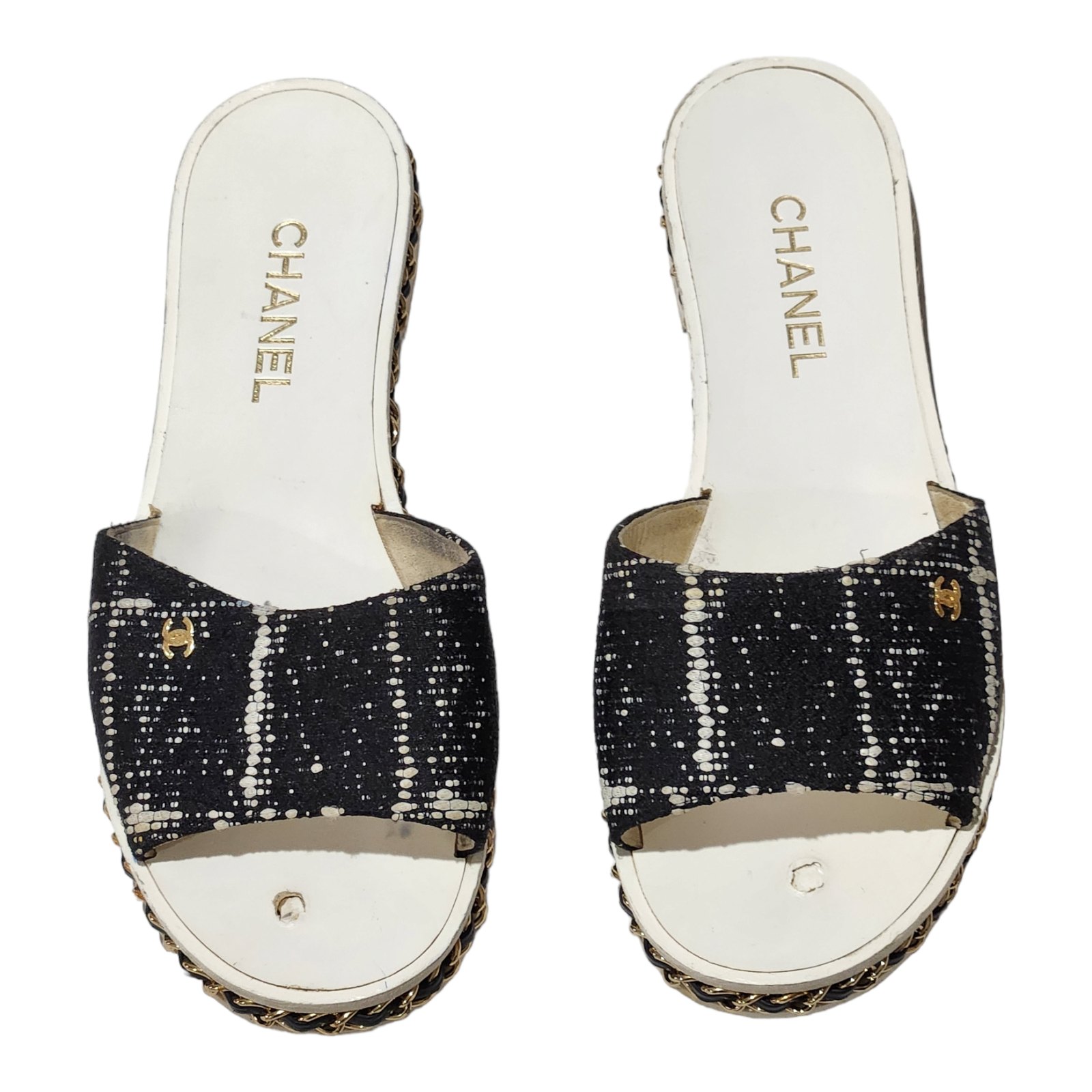 Chanel Black Tweed Logo Metal Slides Sandal Women's Size EU 36 US 5.5 | eBay