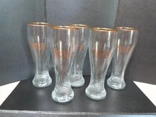 5 LARGE Samuel Adams Beer Glasses Gold Leaf Rim Lettering Swirl 9.12" .5L 16oz.