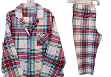 SONOMA 3X WHITE MULTI PLAID LONG SLEEVE COLLAR BUTTON FLANNEL PAJAMA SET EUC