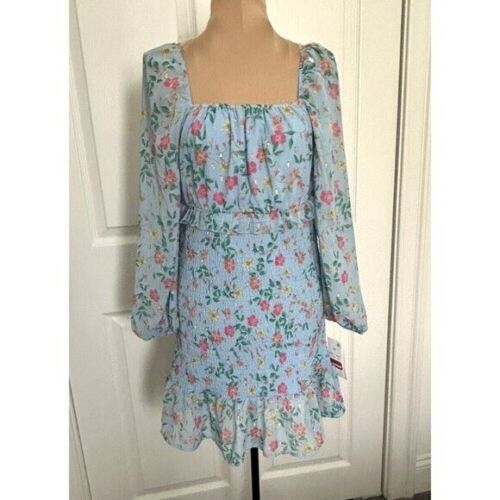 Tween Diva Girls Light Blue Floral Chiffon Dress Smocked Ruffle Long Sleeve Sz12