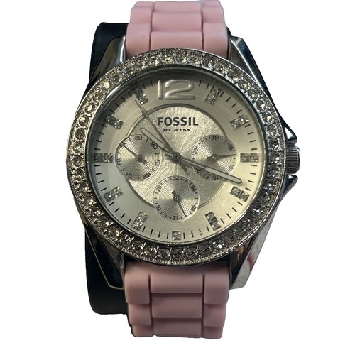Fossil JR-8610 Pink Leather Cuff Watch Silver Rectangular NEW BATTERY Women Fossil Watch JR-8611 Silver St Steel Case Pink Leather  main image 3