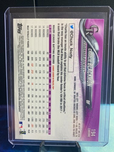 Topps Chrome 2018 - #194 Charlie Blackmon - Foto 3 di 4