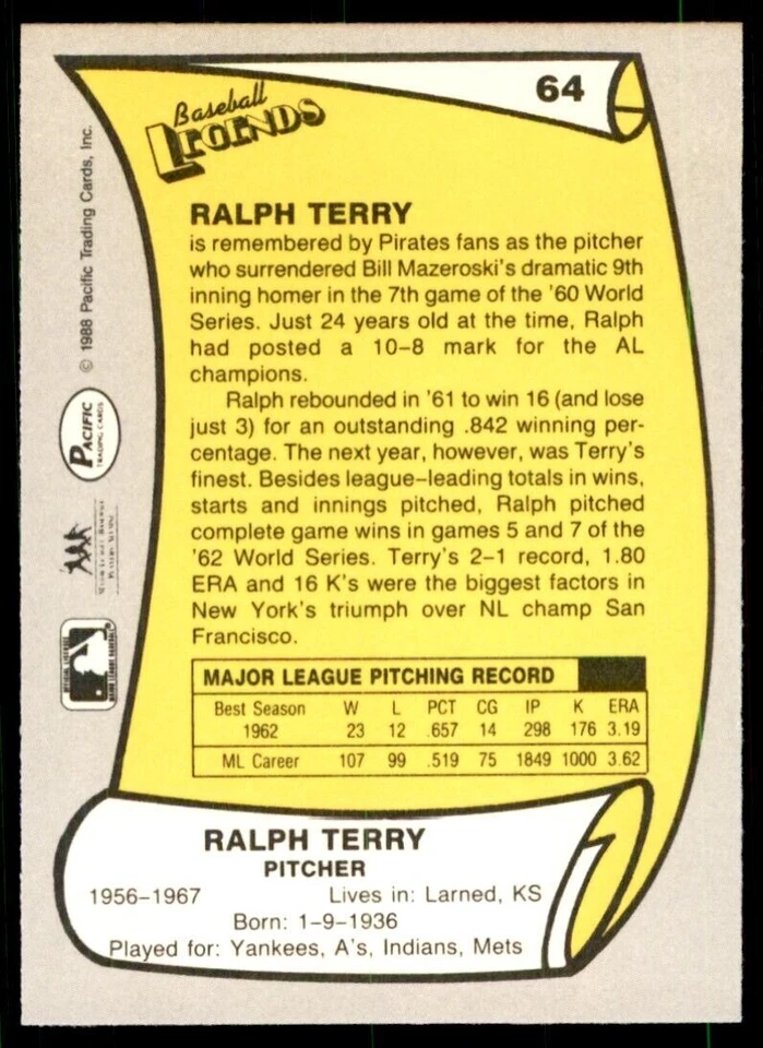 1988 Pacific Ralph Terry Baseball Cards #64 - Image 2 of 2