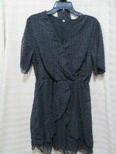 BTFBM Women's Wrap V-Neck Swiss Dot Print Short Sleeve Black Dress - Size M