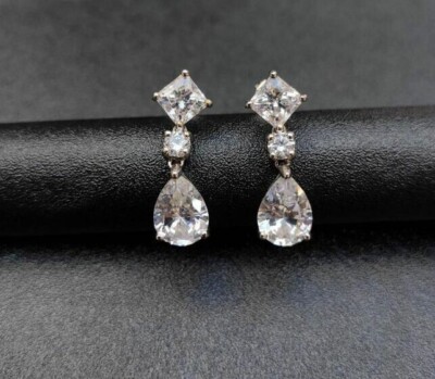 Art Deco Pear Cut Lab Created Diamond Three-Stone 925 Silver Engagement Earrings
