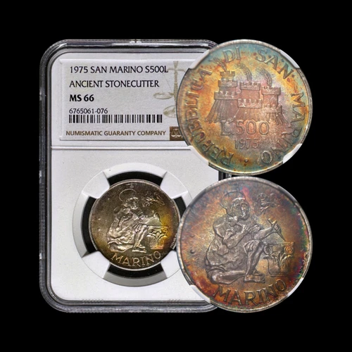 SAN MARINO. 1975, 500 Lire, Silver - NGC MS66 - St Marinus, Stonemason 🌈 Tone 6