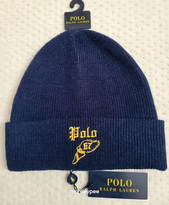 NWT Polo Ralph Lauren WINGED FOOT 67 Wool Blend NAVY BLUE Knit Beanie Hat