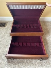 Vintage Wood Flatware Storage Chest w Bottom Drawer Brass Side Handles Red Felt