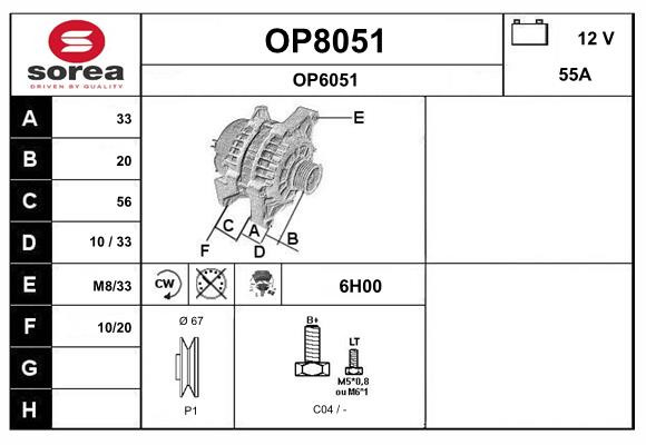 Alternateur SNRA OP8051 12V 55A avec régulateur intégré pour Astra F