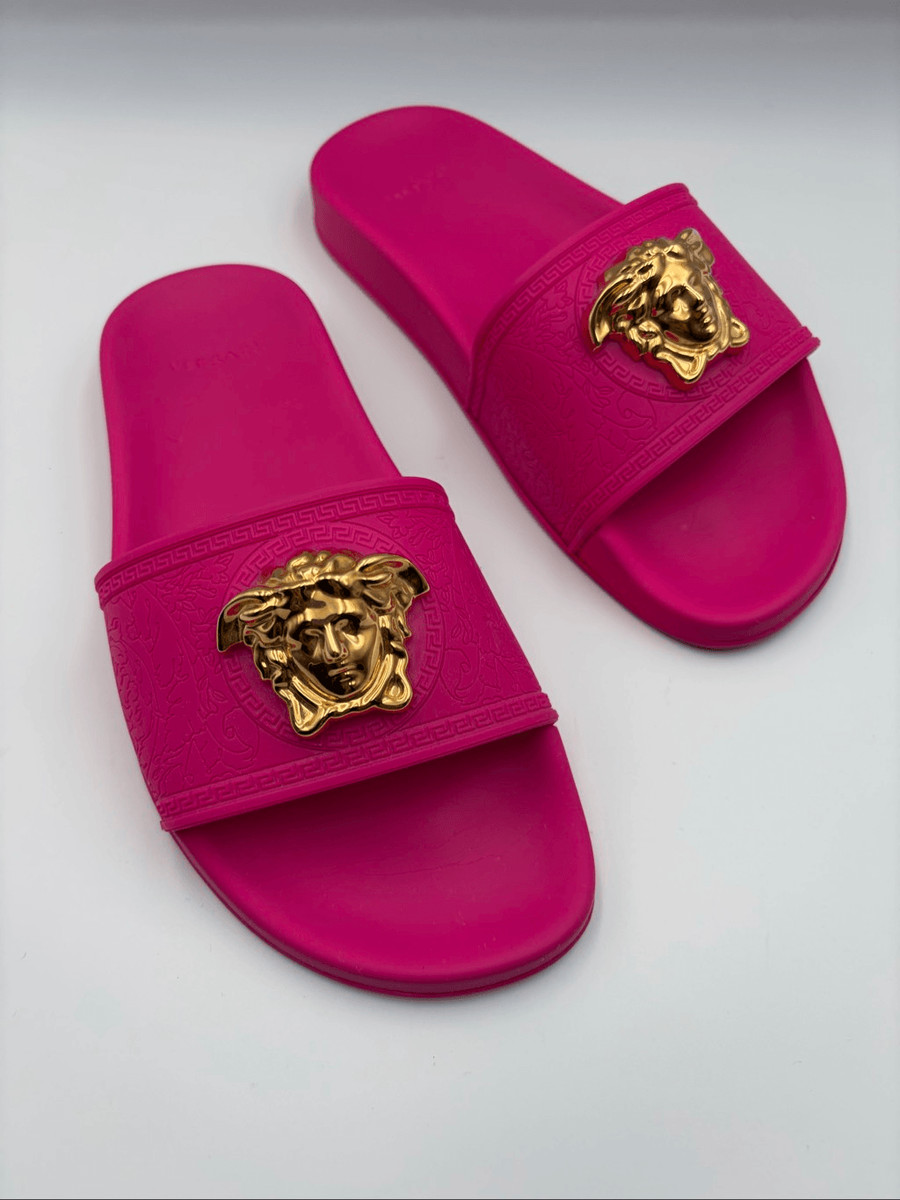 Versace La Medusa Pink Rubber Slide Sandals Gold Medusa Logo EU 37.5 Italy View 3