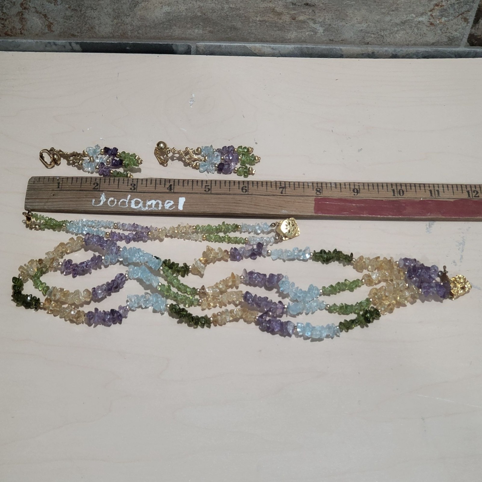 Multi Colored Gemstone Chip Necklace Bracelet Ear… - image 10