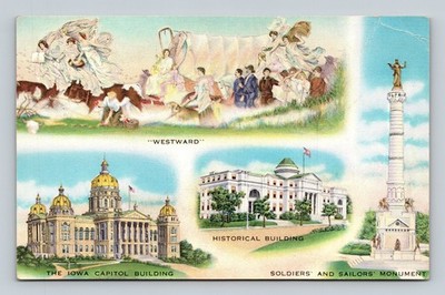 Vintage Iowa Capitol & Soldiers Monument Lithograph Postcard 1955