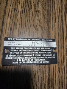 BOMBARDIER SNOWMOBILE  VINTAGE VIN TAG