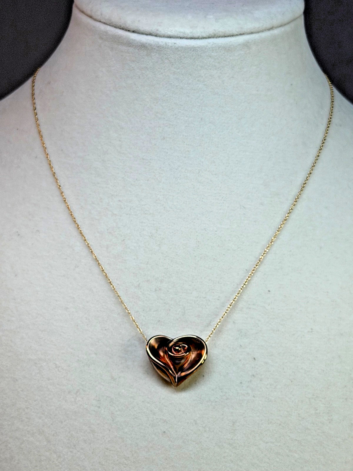 TJC Signed 14k Rose Gold Puffy Rose Heart Slide Pendant Necklace w/ Chain 18 in