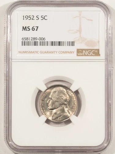 1952-S JEFFERSON NICKEL - NGC MS-67, SUPERB GEM
