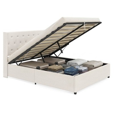 Queen Size Lift-up Storage Bed w/Tufted Wingback Headboard, Hydraulic Lifts