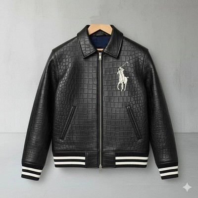 Polo Black Ralph Lauren Croc-Embossed Leather Jacket Genuine Cowhide Leather