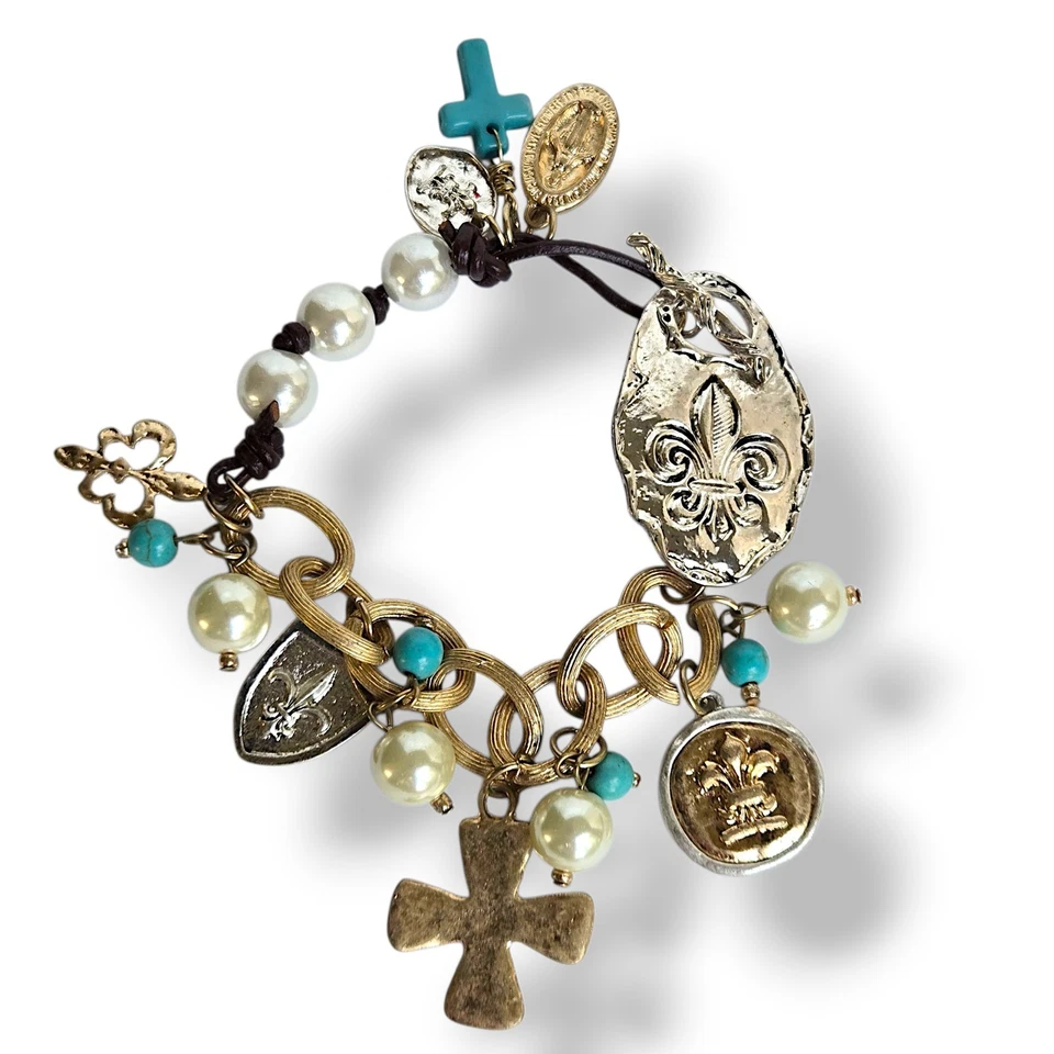 Rustic Mixed Metals Gold Silver Tone Fleur de Lis Cross Religious Charm Bracelet - Image 2 of 4
