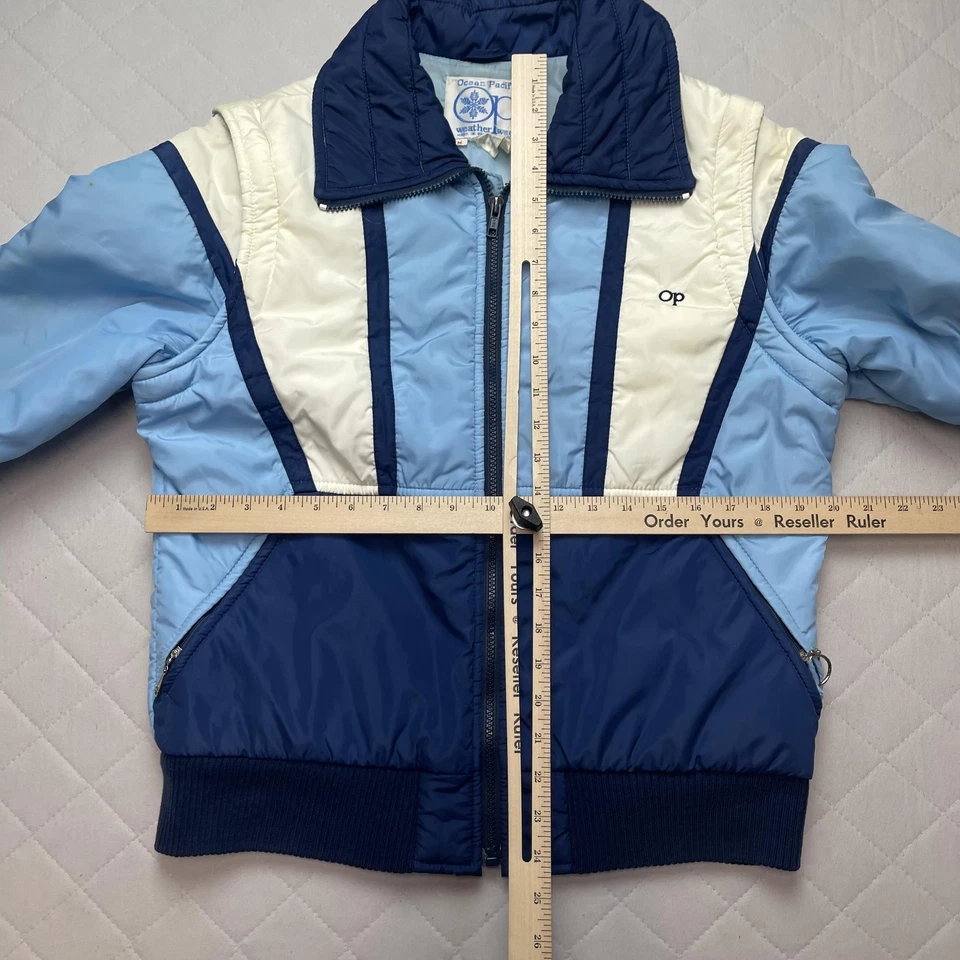 Vintage Ocean Pacific Jacket Mens Medium Blue White Colorblock Puffer OP 80s - Image 4 of 4