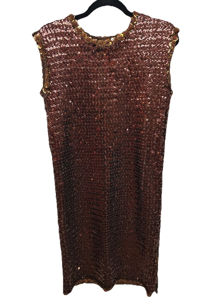 VTG 80s Bronze Sequined Floral Beaded Knit Midi Dress Handmade Glam Mod Style ML - Image 3 of 4