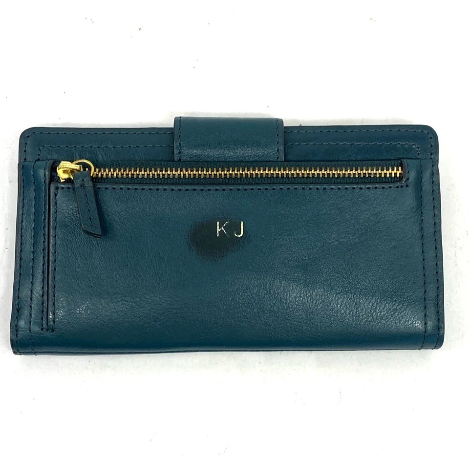 FOSSIL Mujer Cartera Doble Plegable Portatarjetas Monedero Cuero Guijarro Bosque Verde Foto 2 de 4