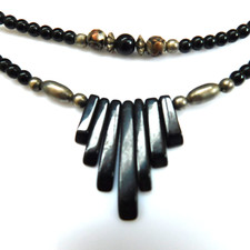 Black Beaded Statement Necklace Dangle Fringe Pendant Tribal Boho Southwest VTG