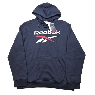 Reebok Fleece Hoodie Mens Medium Navy Blue Training Identity Big Logo $50 NEW