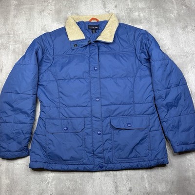 VTG Lands End Jacket Womens M Petite 10/12 Blue Puffer Sherpa Collar Insulated