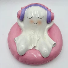 Summerween Cute Ghost on Pool Float with Headphones Figurine Halloween Decor