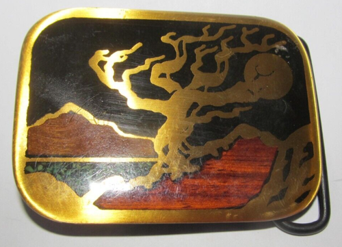 Vtg Harmony Metals Solid Brass Inlaid Tree Western Wood Belt Buckle Colorado USA