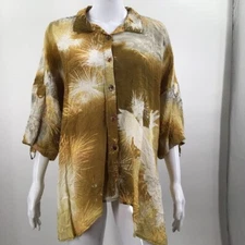 Citron Womens Button Front Shirt Yellow Abstract Half Sleeve Roll Tab Collar M