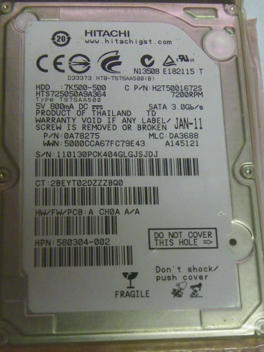 Hitachi HTS725050A9A364 P/N:0A78275 DA:3688 FW:A CH0A A/A Hitachi HTS725050A9A364 P/N:0A78275 DA:3688 FW:A CH0A A/A