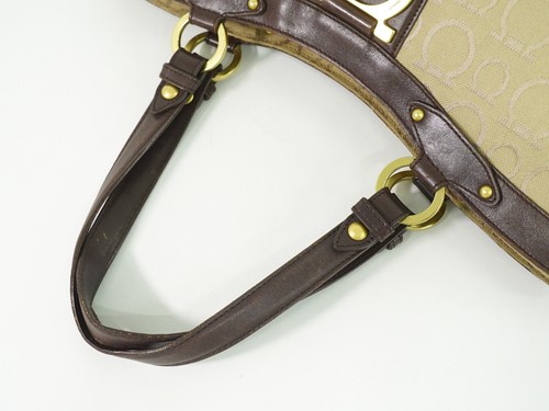 Salvatore Ferragamo Gancini Canvas Tote Handbag Beige Brown Gold - Picture 4 of 10