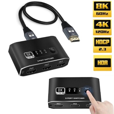 HDMI 2.1 Switch 3 In 1 Out HDMI Switcher Splitter HDCP 2.3 8K 4K UHD HD + Cable