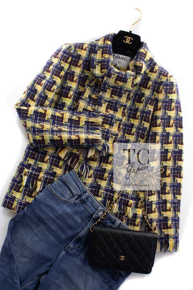 CHANEL 04A Yellow Blue Zipper Wool Cotton Tweed Jacket with Brooch