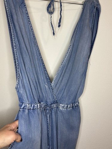 Mazik Jumpsuit Womens M Blue Chambray Sleeveless Wrap Front Tie Neck Boho Beachy - Imagen 4 de 12