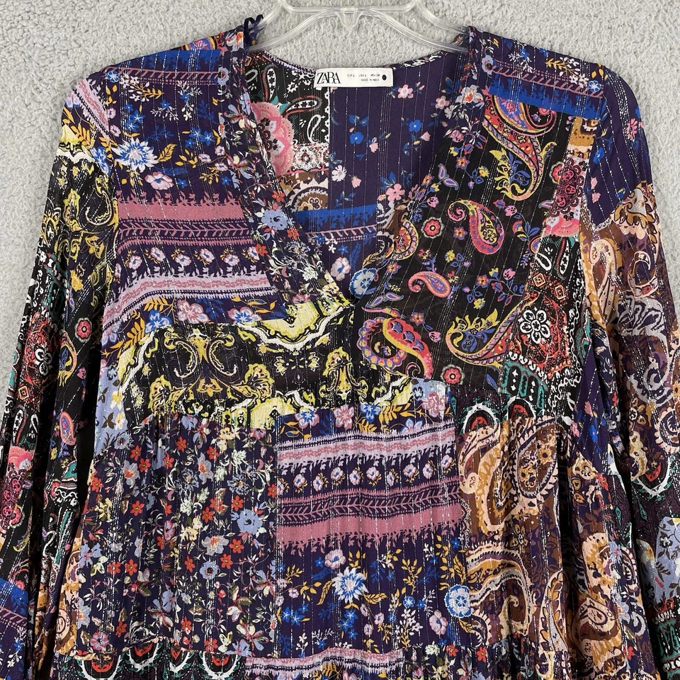 Vestido Zara Mujer L Multicolor Cachemira Manga Larga Forrado Transparente Mini Boho Hippie Foto 4 de 4