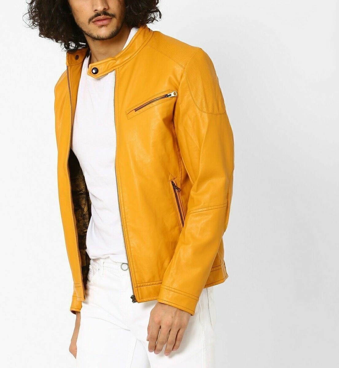 Handmade Yellow Jacket Leather Men Genuine Lambskin Stylish Biker