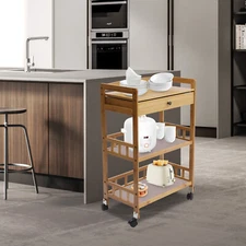 Bamboo Home Rolling Kitchen Trolley W/ Storage Drawer Stand 3 Tiers Shelves Cart