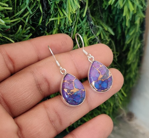 Purple Copper Turquoise 925 Sterling Silver Handmade Earring SR1021 - Picture 2 of 8