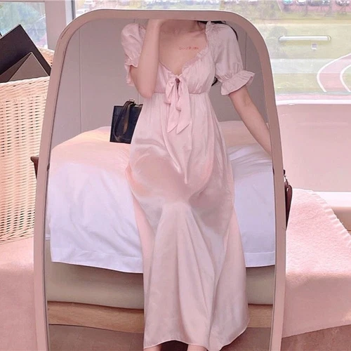 Damen Kunstseide Nachthemd Satin Nachthemd V-Ausschnitt Nachtwäsche Schleife Midikleid - Bild 10 von 23