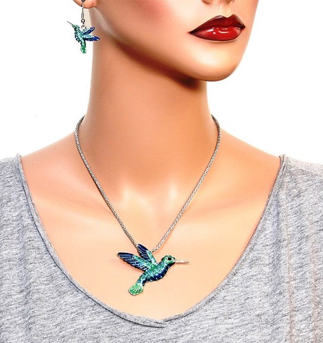 Beautiful Hummingbird Necklace Earring Set Gift Boxed Fast Shipping Bird Theme - Picture 2 of 4